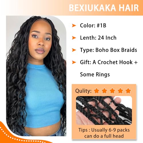 9 Packs Boho Goddess Box Braids Crochet Hair Bohemian Box with Curly Ends Pre-Looped Synthetic Hair Extensions for Black Women(24 Inch,1B)