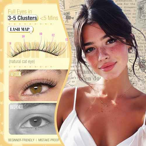Natural Lash Clusters Kit 8-12MM Short Cluster Eyelash Extensions Kit Clear Band Cluster Lashes Wispy Eyelash Clusters CC-Curly Fluffy Individual Lashes with Lash Bond and Seal for Easy Application