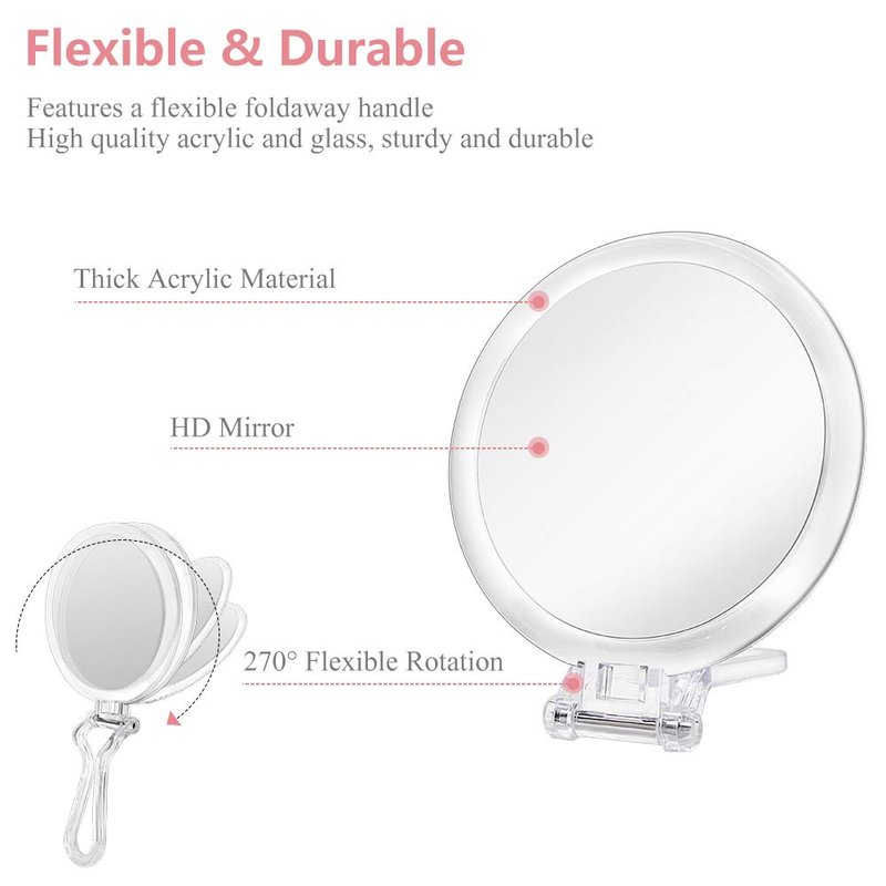 Cheftick Double Sided Hand Held Mirror - 1X & 7X Magnifying Handheld Makeup Mirror with Adjustable Folding Handle, Portable, Transparent & Round (6")