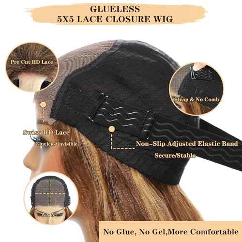 24 Inch Highlight Ombre Glueless Wigs Human Hair Pre Plucked Pre Cut 200% Density 5x5 HD Lace Closure Wigs Human Hair Honey Blonde Body Wave Wear and Go Glueless Wig for Women 3X Longer Lifespan