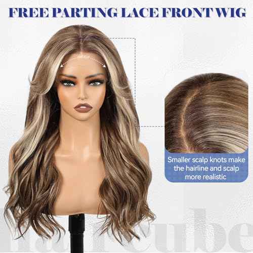 HAIRCUBE 13x6 HD Lace Front Wig Synthetic 22 Inch Brown Highlight Long Wave Layered Glueless Wig for Women, Natural Look Daily Wear