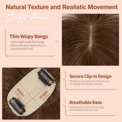 Hair Toppers for Women Real Human Hair Wispy Bangs,Short Lightweight,Thin Crown Wiglets Hair Pieces Small Top Base 1.9"¡¿3.5" Natural Cover Wide Part Line (12In,0.7oz,#4 Medium Brown)
