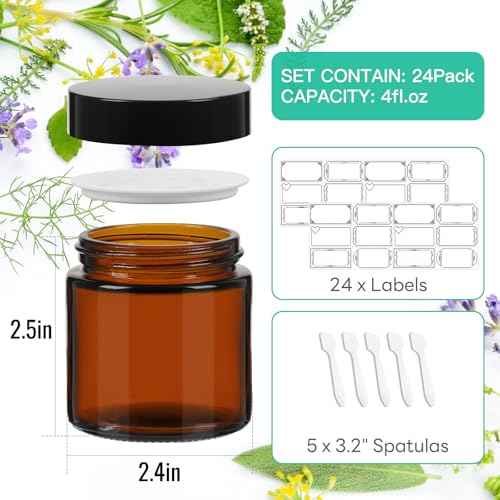 4 oz Amber Round Glass Jars with Black Lids 24 Pack- Portable Empty Glass Containers with Inner Liners for Cosmetic, Food Storage, Body Butters, Body Butter, Candle Jars