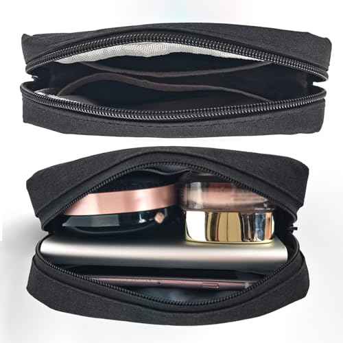 Small Makeup Bag For Purse, 2 Pack Travel Zippered Pouch, Portable Versatile Mini Organizer Toiletry Cosmetic Bag Nylon Electronics Accessories Storage Pouch For Women Men (Black)