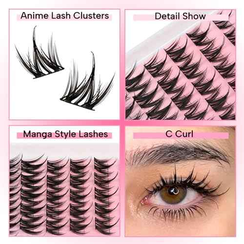 Manga Lash Clusters Kit Natural Eyelash Clusters Spiky Lash Extension Kit 80Pcs Anime Cluster Eyelash Extensions with Waterproof White Lash Glue and Tweezers DIY at Home (Cutey Kit-B)