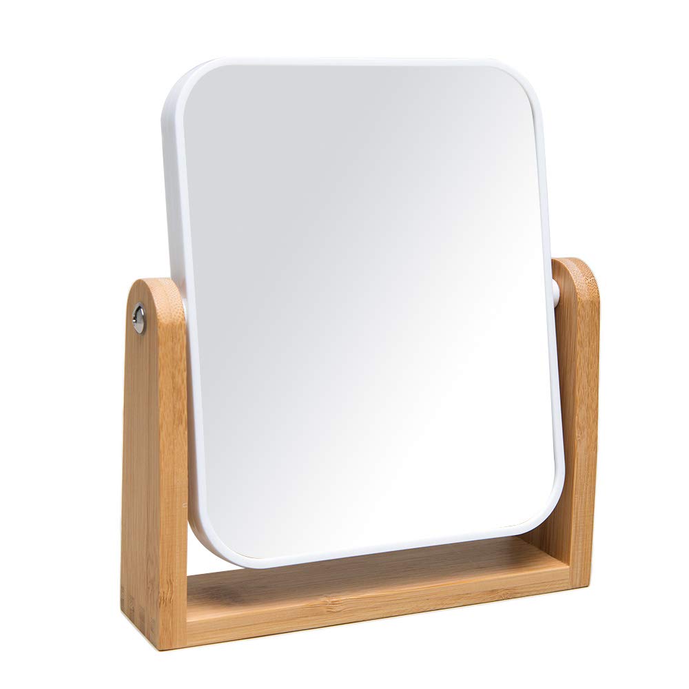 YEAKE Vanity Makeup Mirror with Natural Bamboo Stand, 8 Inch Double Sided 360 Degree Swivel Magnifying Mirror for Table, Desk, Countertop Shaving Make Up