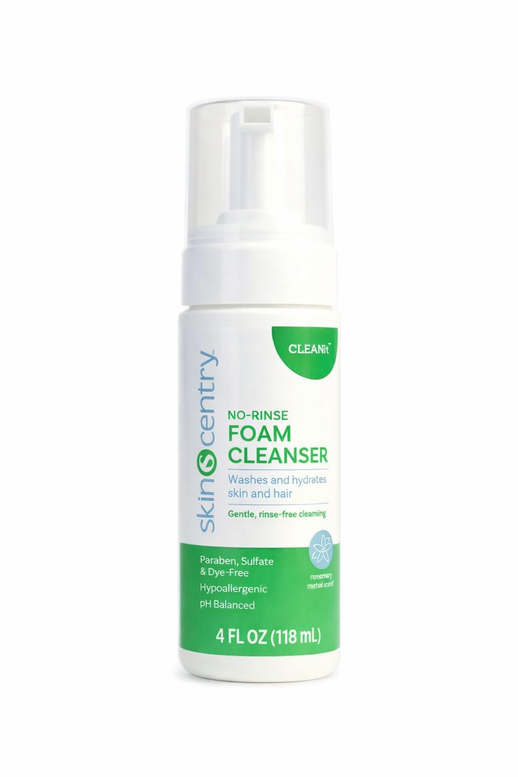 SKINCENTRY No-Rinse Foam Cleanser - Hospital Grade Waterless Hair & Body Wash, Hypoallergenic Rinse-Free Shampoo for Sensitive & Dry Skin, Paraben, Sulfate & Dye Free - 4 oz