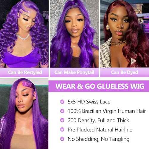 Purple Glueless Wigs Human Hair Pre Plucked With Baby Hair 200% Density Purple 5x5 Body Wave Lace Front Wigs Human Hair for Black Women HD Transparent Lace Frontal Wigs Human Hair 22 Inch