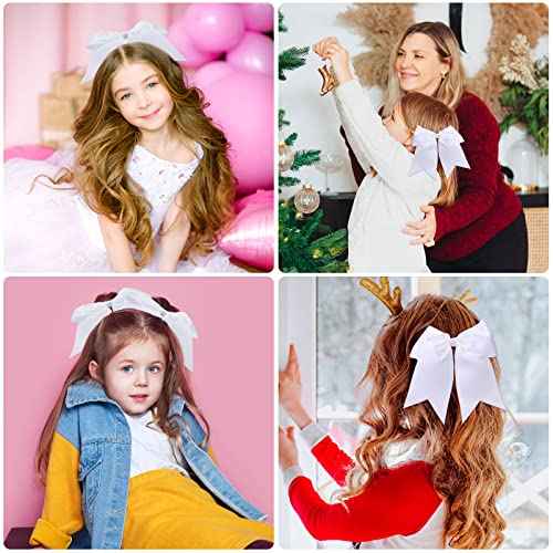 Yunlly 50 Pcs 8" Cheer Hair Bows Bulk Large Hair Bows for Girls Cheerleaders Ponytail Holder Elastic Band Ties for Teen College Sports Cheerleading Accessories(White)
