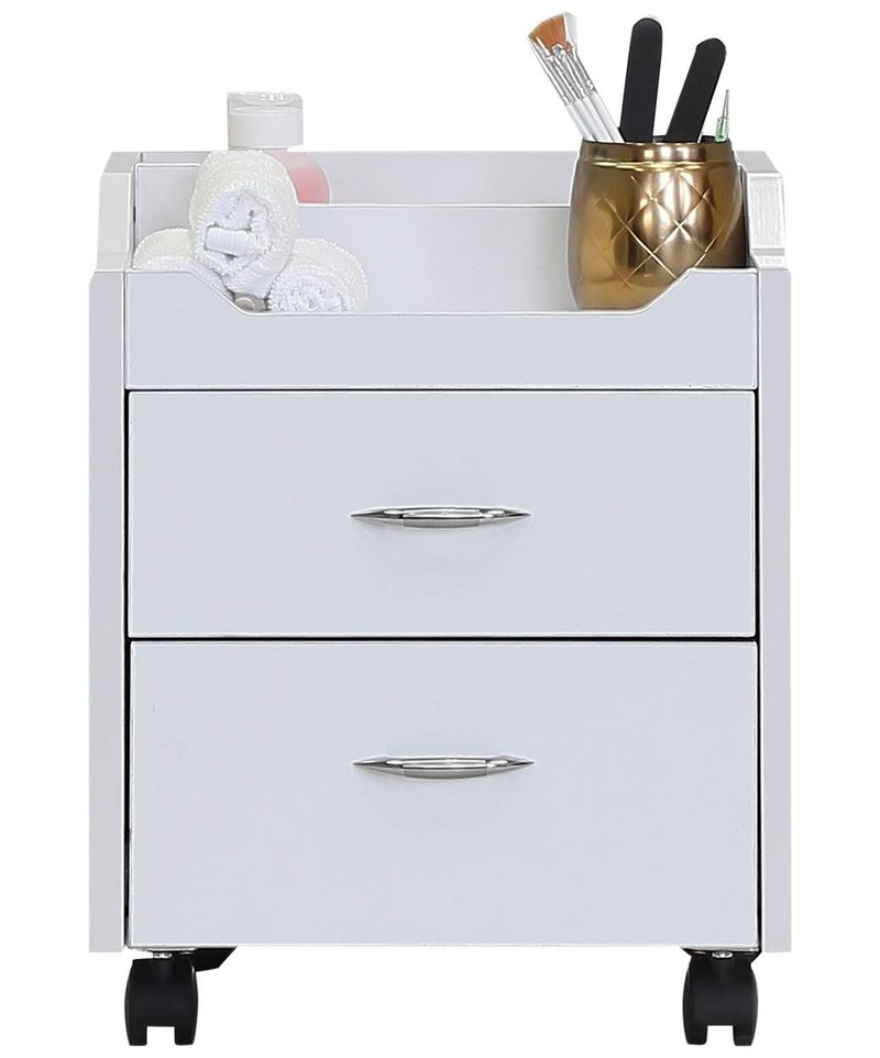 J&A Wood Top Pedicure Cart - Compact Salon Trolley with 2 Utility Drawers, Locking Swivel Casters, Easy-to-Clean White Finish, Ideal for Professional Spas & Salons, JA-JM-CART-White