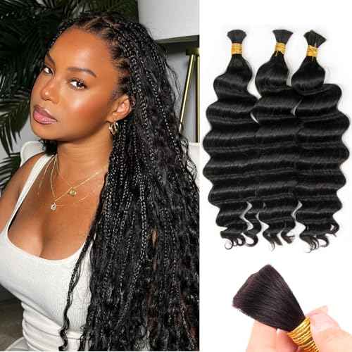 Human Braiding Hair for Boho Braids, 100% Virgin Human Hair No Chemical Processing, Black Bulk Human Hair for Braiding Small Knotless Braids Bohemian Style (Black - Deep Wave, 150g - 16 Inch)