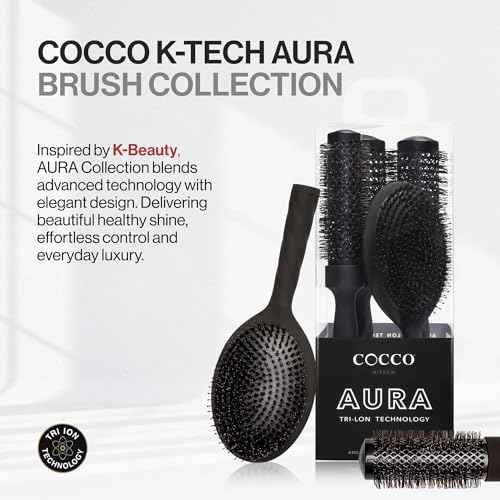COCCO Aura Brush Set, Ceramic Paddle & Round Hairbrushes for Women, Blow-Drying & Frizz Control, Tourmaline Bristles, Ergonomic Grip, Full Styling Set (Black)