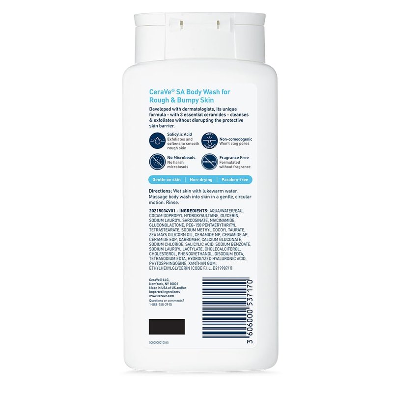 CeraVe Body Wash - Salicylic Acid Exfoliating Formula for Rough Skin | Fragrance-Free, 10 Ounce