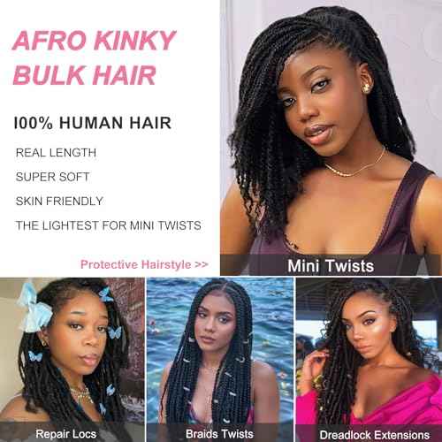 Dilekay Afro Kinkys Bulk Human Hair 16 Inch 2 Bundles 100g 100% Human Hair for Mini Twist Braiding Dreadlocks Extensions Locs Repair Afro Kinky Curly Hair Bulk Dark Brown