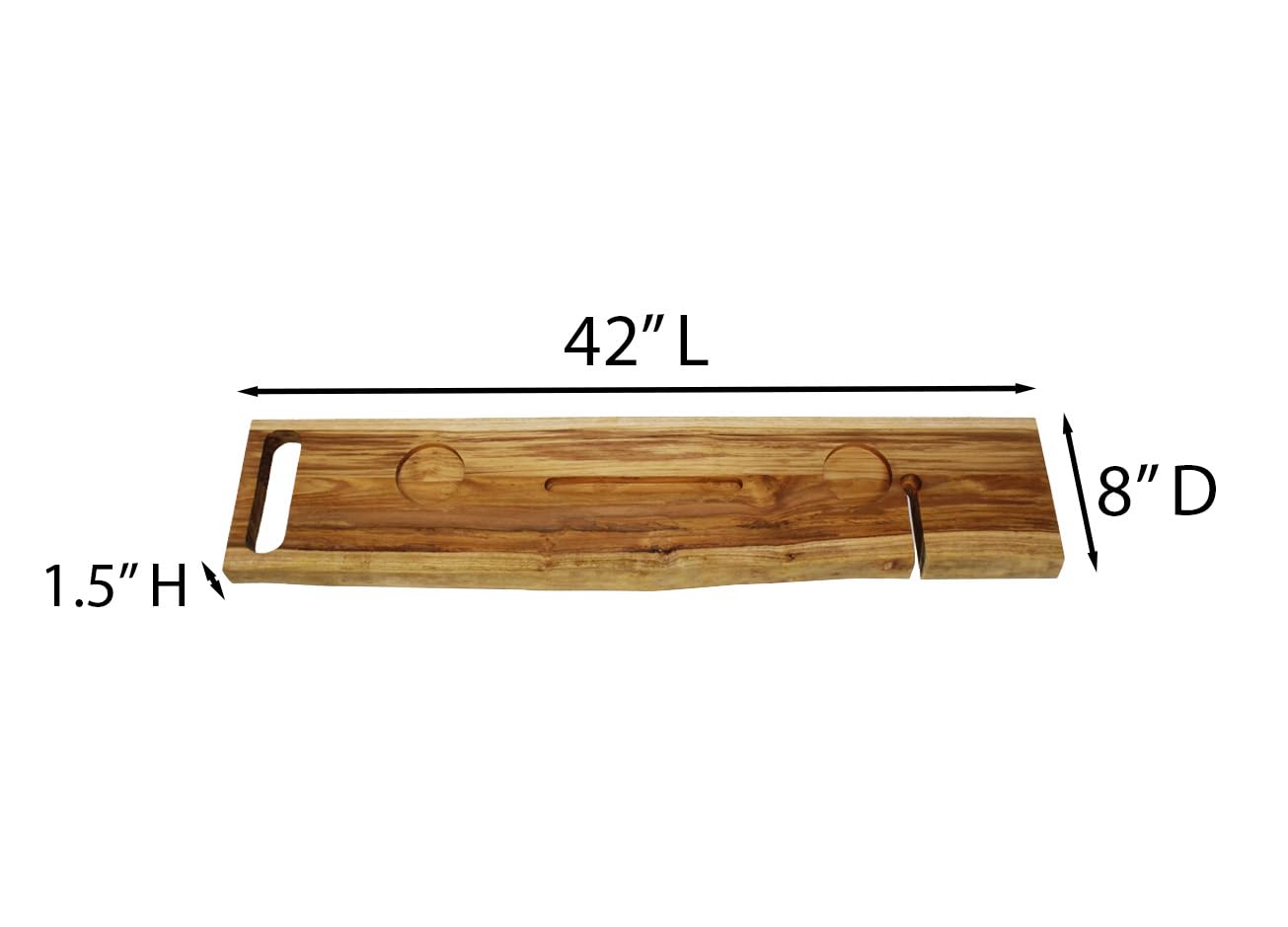 EcoDecors Eleganto 42" Live Edge Solid Teak Bath Caddy Tray with Handle, Book & Tablet Holder, Wine Glass Holders, Luxury Bathtub Tray