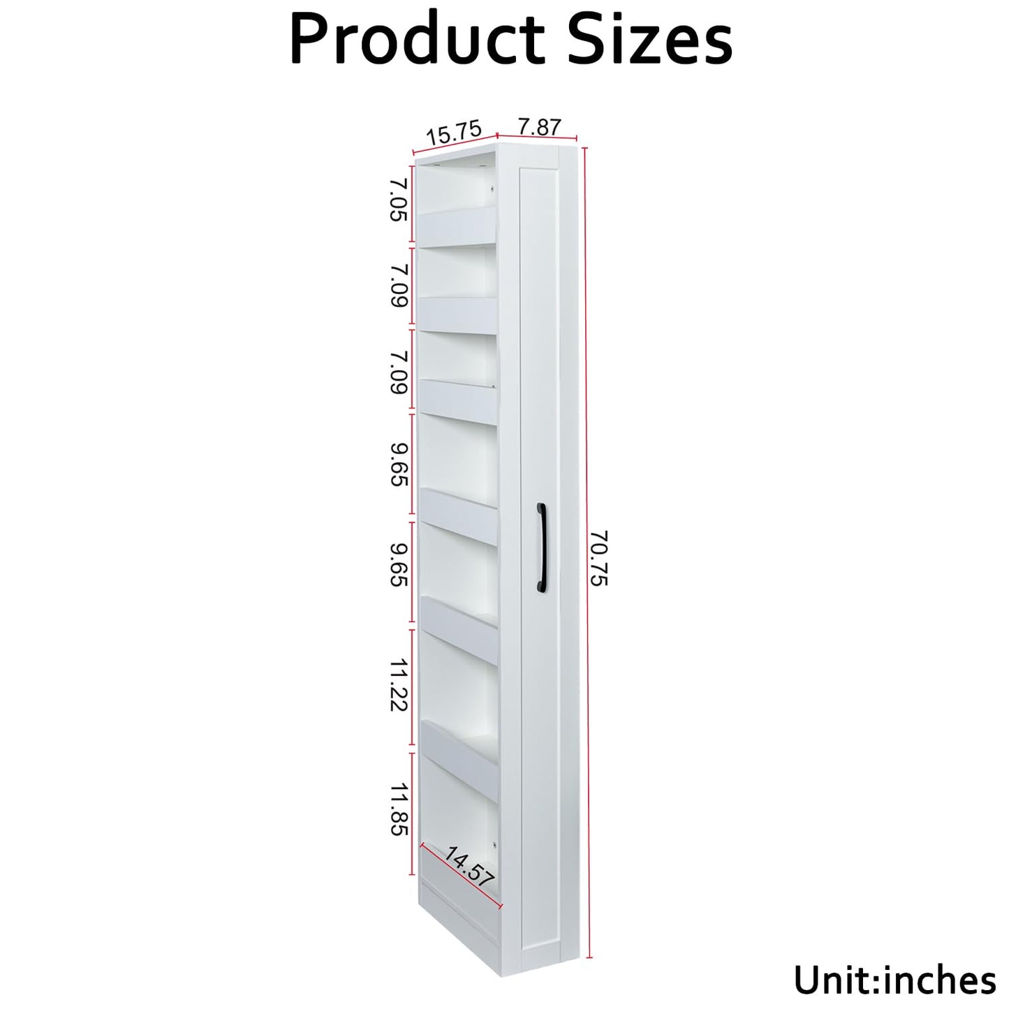 WSLUKVII 7-Shelf Tall Narrow Storage Cabinet, Slim Bathroom Cabinet with Handles, 71 Inch Tall, 8 Inch Wide for Small Space, Kitchen, Bathroom, Laundry Room, White