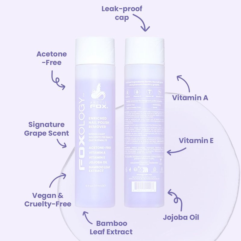 Foxology Nail Polish Remover - Acetone-Free Formula with Vitamin A & E, Jojoba Oil | Grape Scent, 6 fl oz