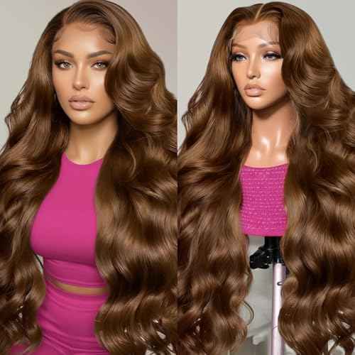 22 Inch Brown Body Wave Human Hair Wig Pre Plucked 13x6 HD Transparent Lace Frontal Wigs Human Hair 200% Density Glueless Brown Body Wave Lace Frontal Wigs for Women