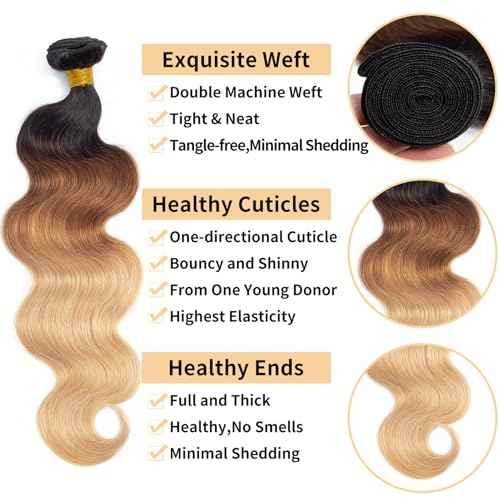 12A Grade Ombre Bundles Human Hair 26 Inch Brazilian Virgin Ombre Blonde Body Wave Hair 1 Bundle 100% Unprocessed Virgin Remy Human Hair Weave Bundles T1B/30/27