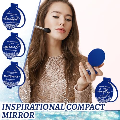 100 Pcs Inspirational Compact Mirror Bulk Small Pocket Mirror Purse Round Portable Folding Makeup Mirror Thanksgiving for Women Coworker Employee Teacher(Blue)