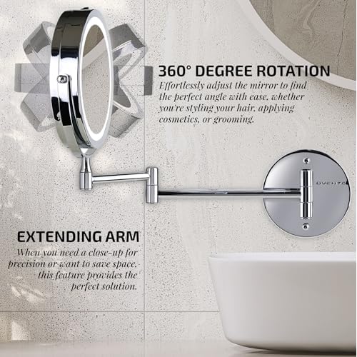 OVENTE Wall Mounted Lighted Makeup Mirror, 7" Double Sided 1X/10X Magnifying Vanity Mirror for Bathroom with LED Lights, Cordless, 360¡Æ Rotation and 13" Extendable Arm, Polished Chrome MFW70CH1X10X