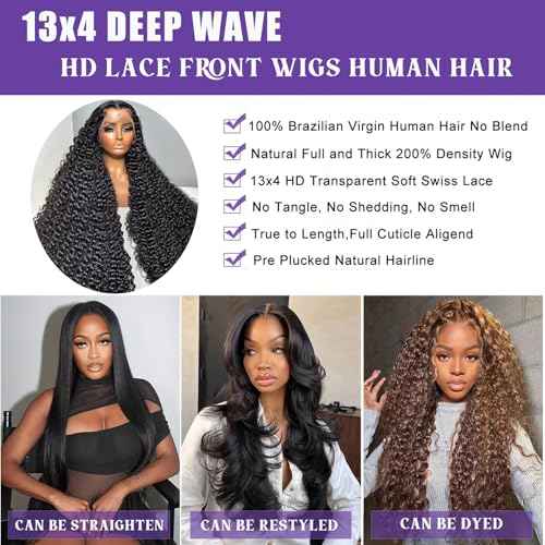 200% Density 13x4 Lace Front Wigs Human Hair Deep Wave Wigs for Women HD Transparent Full Lace Frontal Wigs Pre Plucked Human Hair Lace Front Wigs 26 Inch Glueless Curly Wig Natural Color