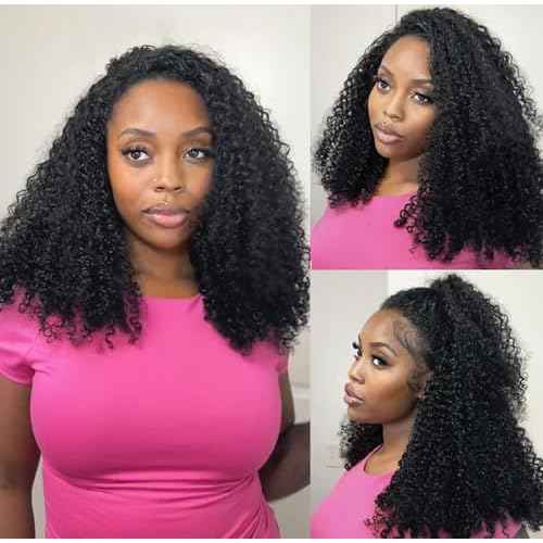Larhali Kinky Curly Half Wig Human Hair 180% Density Wear And Go Glueless Wigs Human Hair 20 Inch Curly 3 In 1 Half Wigs for Women Drawstring Seamless Flip Headband Wig Beginner Friendly