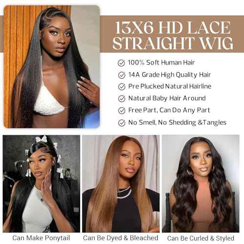 13x6 Straight Lace Front Wigs Human Hair Can Last 12 Months 230 Density Virgin Real Human Wig 13x6 HD Lace Front Wigs Human Hair Pre Plucked Tangle-Free Natural Black for Women (22Inch)