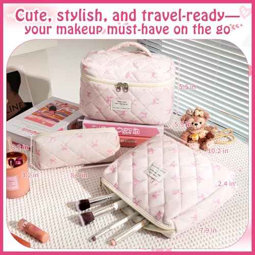 Quilted Makeup Bag, Large Capacity Travel Cosmetic Bag for Women and Girls, Aesthetic Storage for Daily and Travel Use (3PCS-Pink SlimBow)