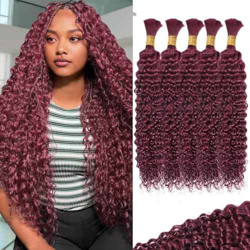 160g 5 Bundles 99j Red Burgundy Human Braiding Hair 16 Inch Deep Water Wave Bulk Human Hair for Braiding No Weft 12A Brazilian Virgin Curly Human Hair Extensions for Boho Braids