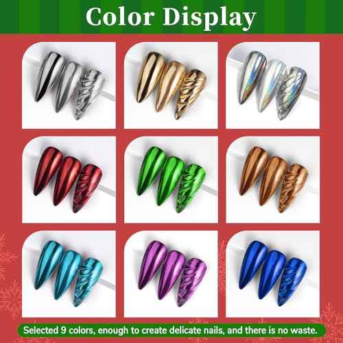 Pretty Diva Chrome Nail Powder - 9 Colors Metallic Mirror Effect Red Chrome Nail Powder Xmas Red Green Gold Silver Blue Pink Holographic Nails Chrome Powders