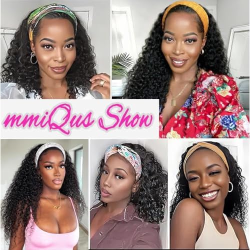 Long Headband Wig Human Hair Water Wave Headband Wigs for Women Curly Wigs Glueless No Lace Front Wig Brazilian Virgin Human Hair 180% Density Natural Black 24 Inch