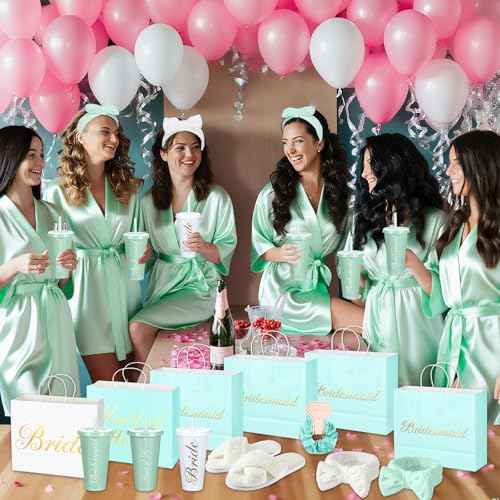 42 Pcs Bridesmaid Bride Robes Set of 6 Bridal Party Silk Satin Robes for Wedding Bachelorette Party Gifts (White,Sage Green)