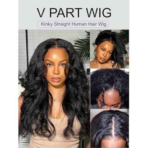 YIROO Hair V Part Wig Human Hair Kinky Straight Wig No Leave Out Upgraded U Part Wigs for Women 12A Yaki Straight Glueless Wear And Go V Shape Clip in Wigs Beginner Friendly 150% Density 22 Inch