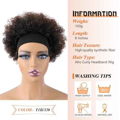 Afro Curly Headband Wig for Black Women,Short Kinky Curly Synthetic Wig with Super Elastic Headband Glueless Quick Wear And Go Fluffy Bouncy Afro Wig for Daily Party(T33)