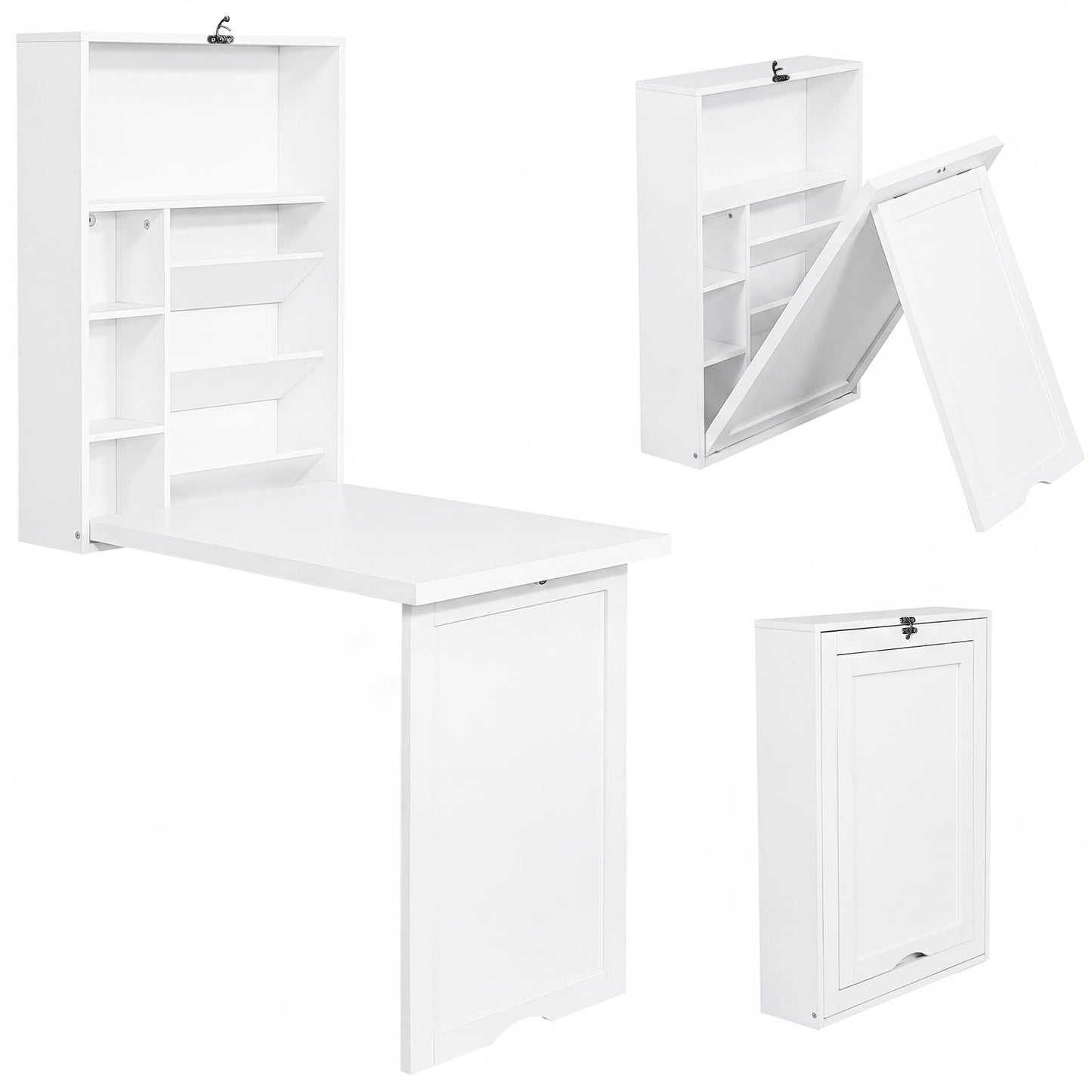 Tangkula Folding Wall Mounted Desk, Convertible Fold Out Floating Table with Storage Shelves, Space-Saving Drop Leaf Table, Murphy Desk for Craft, Study, Small Spaces, Home Office, Dorm, White
