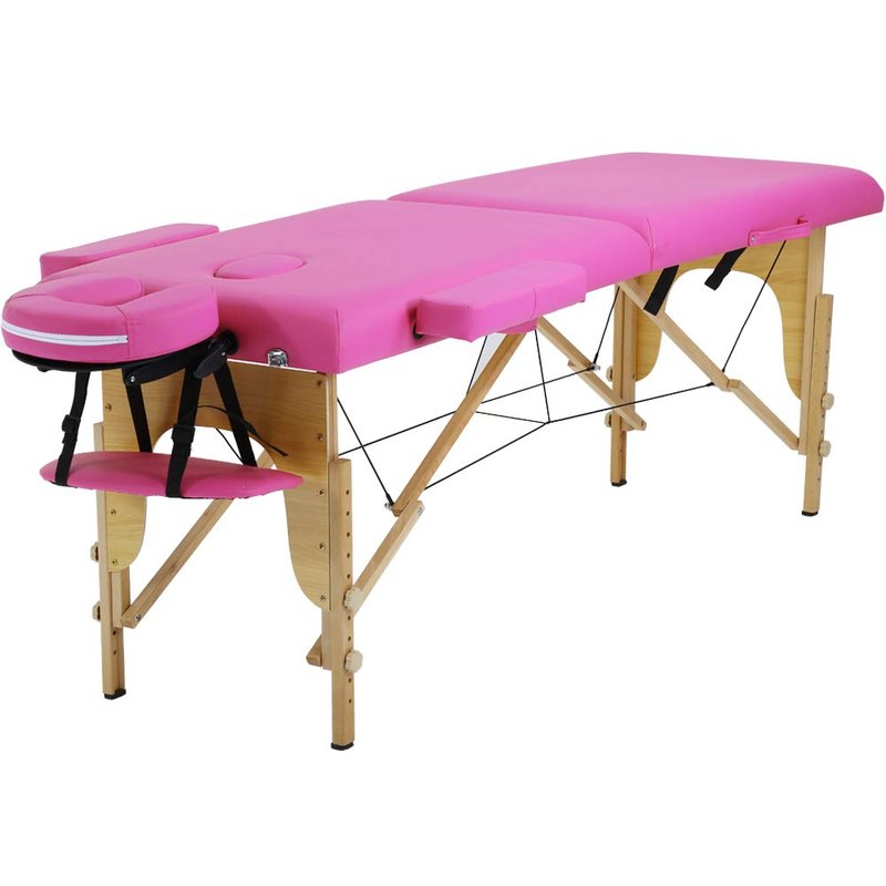Portable Massage Table Spa Bed Folding 84 Inch Height Adjustable 2 Fold Massage Bed with Carry Case PU Leather Professional Facial Salon Tattoo Lash Bed with Face Cradle, Hold Up To 450Lbs, Pink