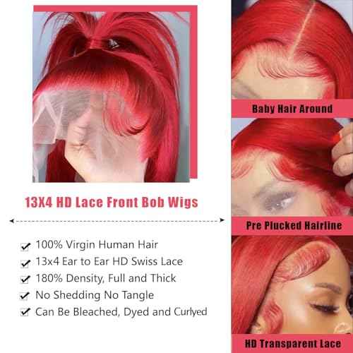 Red Bob Wigs Human Hair Lace Front Pre Plucked 12 Inch 180% Density for Women 13x4 HD Lace Frontal Straight With Baby Hair Wear and Go Glueless Straight Short Bob Wigs
