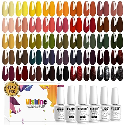 Vishine 48 Colors Gel Nail Polish Set, Autumn Winter Popular Nail Polish with Base Top Coat, Lasting UV LED Gel Polish Manicure Kit 8ml