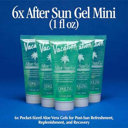 VACATION Mini After Sun Gel, Travel Size Soothing Aloe Vera Gel for Sunburn Relief, Hydrating & Cooling, Non-Sticky Aftersun Care, 1oz (Value Pack of 6)