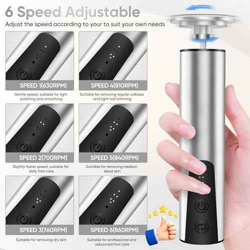 Electric Foot Callus Remover (6 Speed Adjustable), 2 in 1 Electric Foot File Nail Grinder, Rechargeable Foot Sander Pedicure Tools for Feet Dead Skin with Sandpaper Disk and Nail Drill Bits, Silver