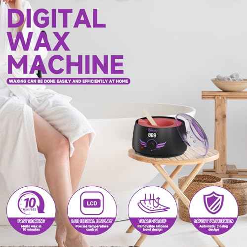 Waxing kit for women, Digital Hard Wax Warmer with 4 Packs of Natural Wax Beans (14.1oz), Silicone Bowl and Waxing Accessories, Professional for Bikini, Face, Brazilian, Body and Home Salon - Black