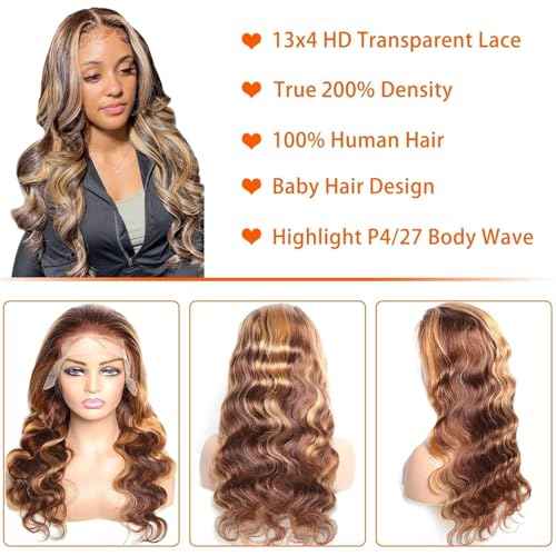 Highlight Ombre Lace Front Wig Human Hair Pre Plucked 13x4 HD Transparent 4/27 Colored Honey Blonde Lace Frontal Wigs For Women with Baby Hair 200% Density Body Wave Lace Front Wig 20 Inch