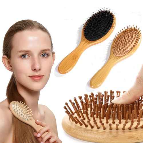 4 PCS Bamboo Hair Brushes Set,Boar Bristle and Detangling Combs,Hair Care Tools with Natural Bristles, Birthday Gift for Family Friend Women Men Mother Hairbrush Kit