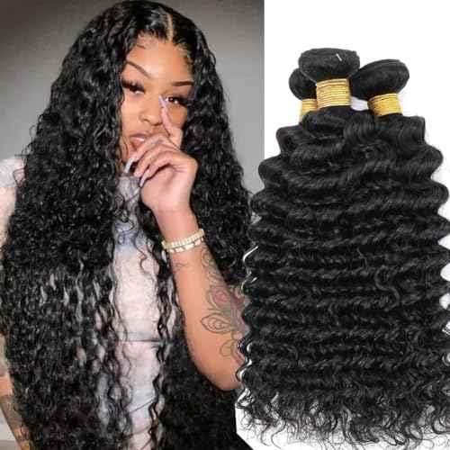AUTTO Deep Wave Bundles Human Hair 16 18 20inch Brazilian Deep Wave Bundles for Black Women Wet and Wavy Bundles 100% Unprocessed Virgin Water Wave Curly Human Hair Weave 3 Bundles Natural Black