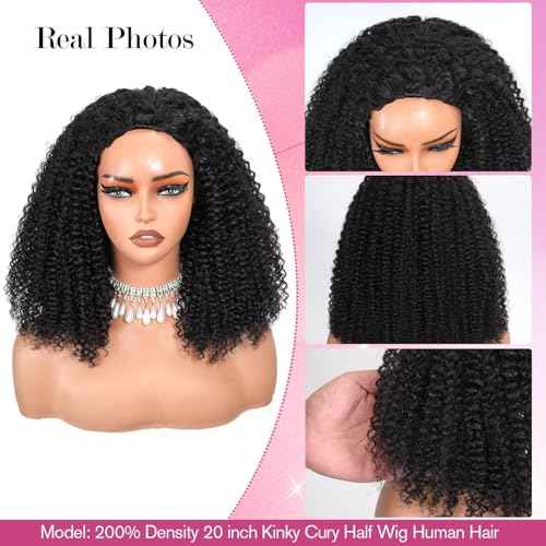 Kinky Curly Half Wig Human Hair 200% Density 3 In 1 Seamless Flip Over Glueless Wigs Water Wave Human Hair With Adjustable String Invisilbe Hairline Beginner Friendly 20 Inch