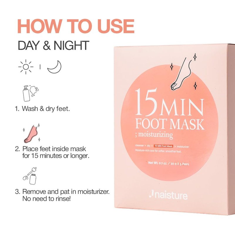 Naisture 15 Min Foot Moisturizing Mask – Reviving Sock Mask with Shea Butter & Jojoba Oil for Dry Feet and Heels