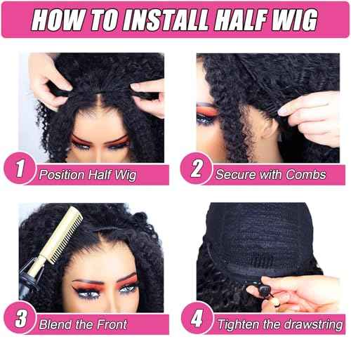 Half Wig Human Hair Deep Wave 200% Density Curly Half Wig Drawstring Seamless Flip Over 3 In 1 Half Wigs for Black Women Wear and Go Glueless Headband Wig Human Hair Beginner Friendly 16 Inch