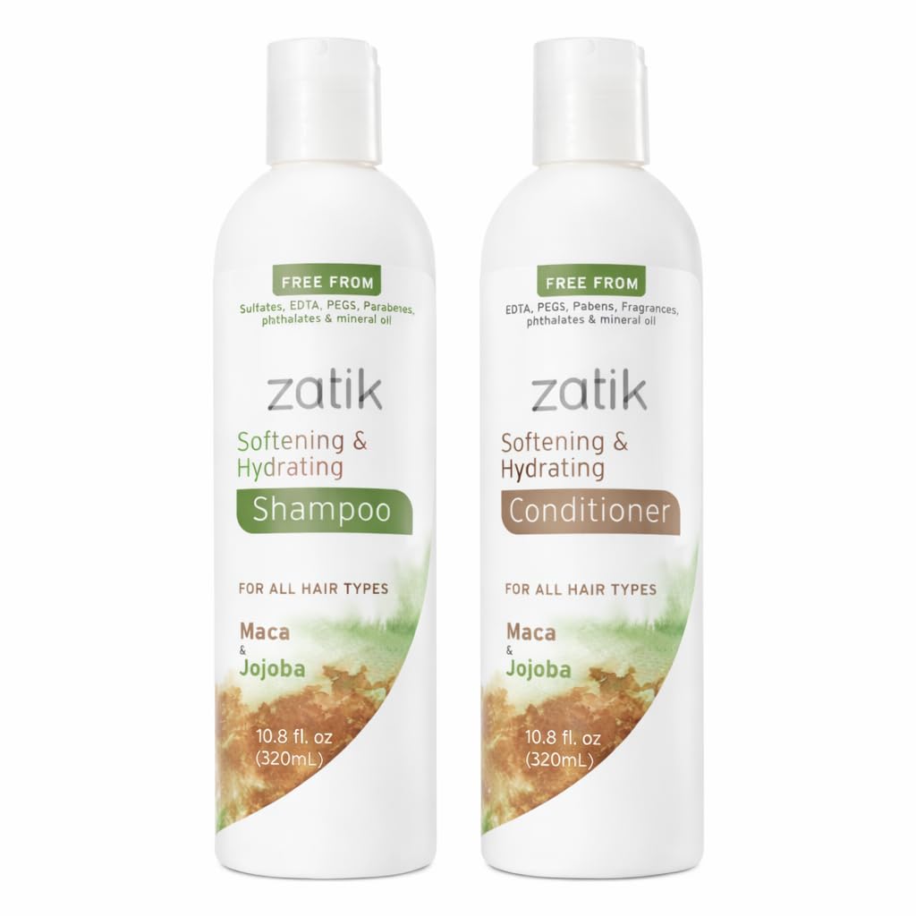 Zatik Naturals - Softening & Hydrating Shampoo + Conditioner Set - with Maca and Jojoba for all Hair, Vegan, Biodegradable, pH Balanced, Free From Sulfates, 10.8 fl oz (One of Each)