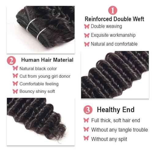 Deep Wave Human Hair Bundles 12 14 16 Inch 100% Unprocessed Short Brazilian Curly Bundles Human Hair Natural Black Color for Women